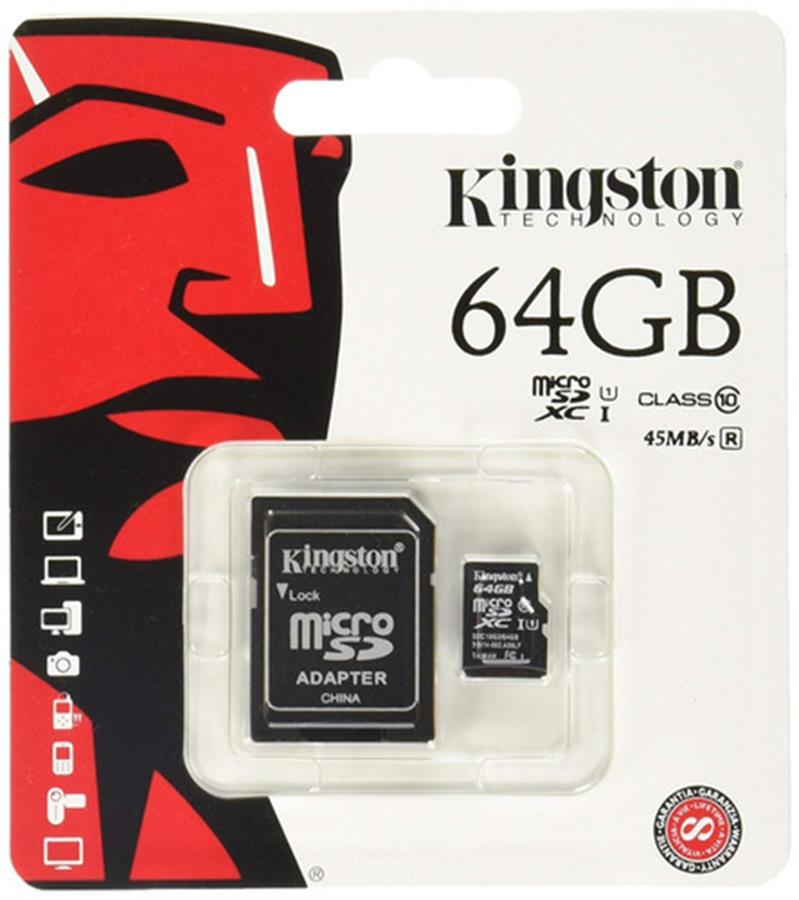 MICRO SD KINGSTON 64GB CLASE 10 C/ADAPTADOR